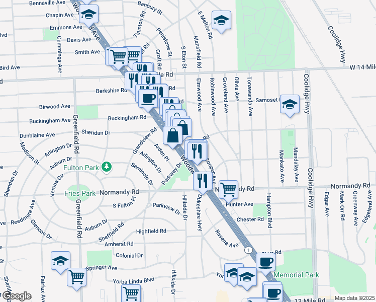 map of restaurants, bars, coffee shops, grocery stores, and more near 4319 Cooper Avenue in Royal Oak