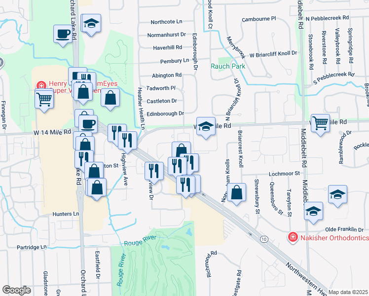 map of restaurants, bars, coffee shops, grocery stores, and more near 30515 Country Glen Condos in Farmington Hills
