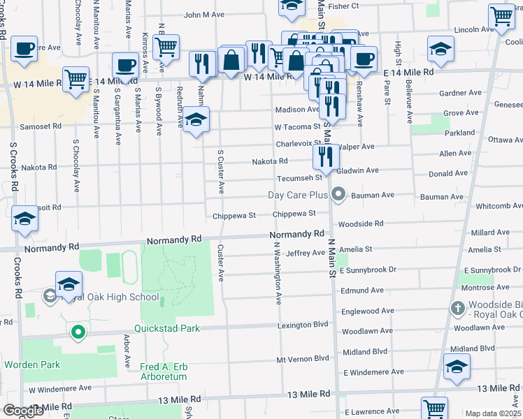 map of restaurants, bars, coffee shops, grocery stores, and more near 206 Massoit Street in Clawson