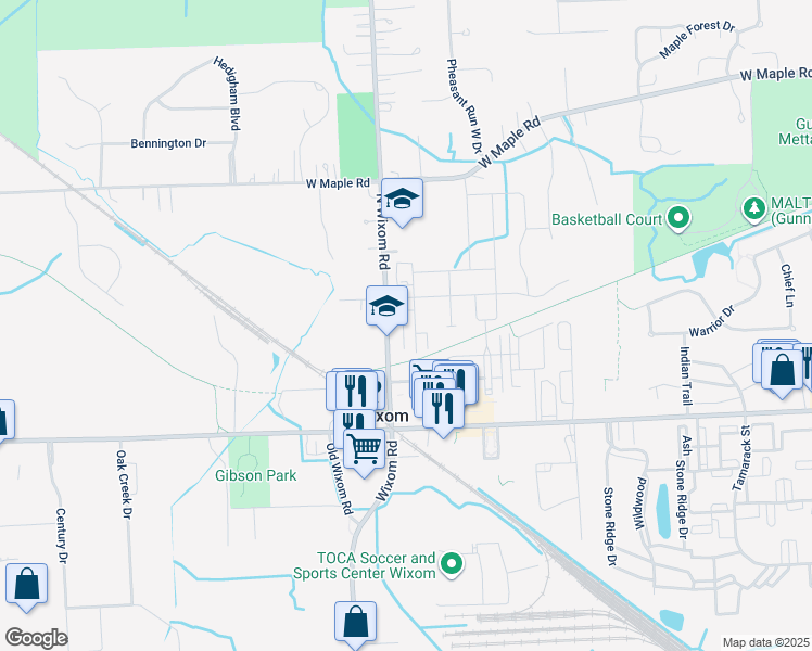 map of restaurants, bars, coffee shops, grocery stores, and more near 358 Wright Street in Wixom
