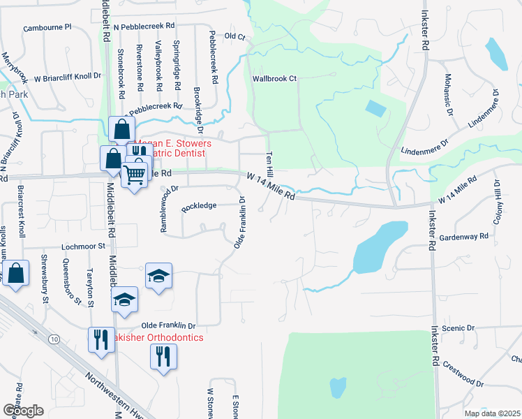 map of restaurants, bars, coffee shops, grocery stores, and more near 28501 West 14 Mile Road in Farmington Hills