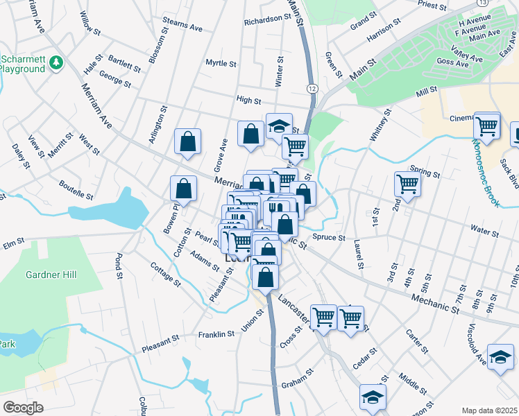 map of restaurants, bars, coffee shops, grocery stores, and more near 63 Merriam Avenue in Leominster