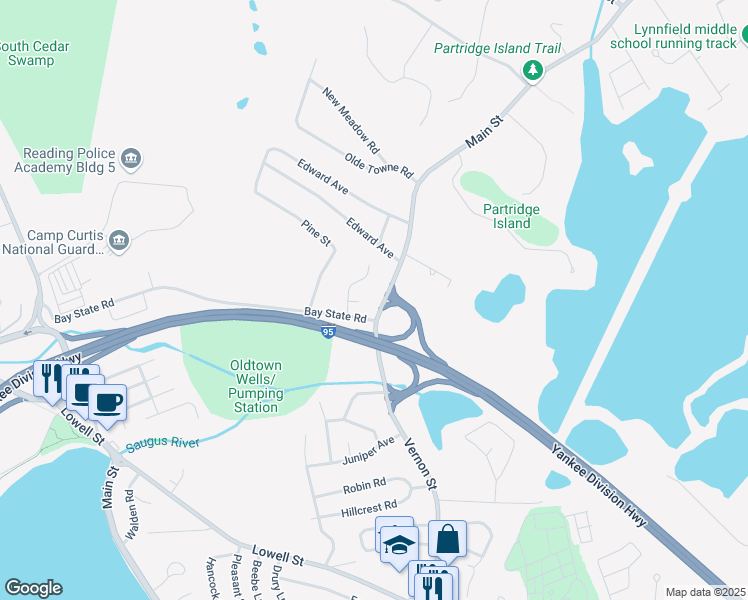 map of restaurants, bars, coffee shops, grocery stores, and more near 82 Main Street in Lynnfield