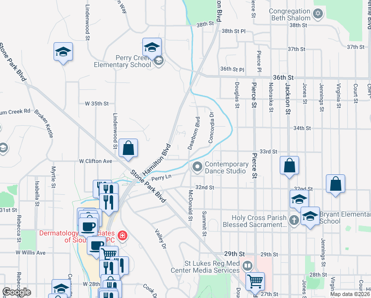 map of restaurants, bars, coffee shops, grocery stores, and more near 3323 Dearborn Boulevard in Sioux City