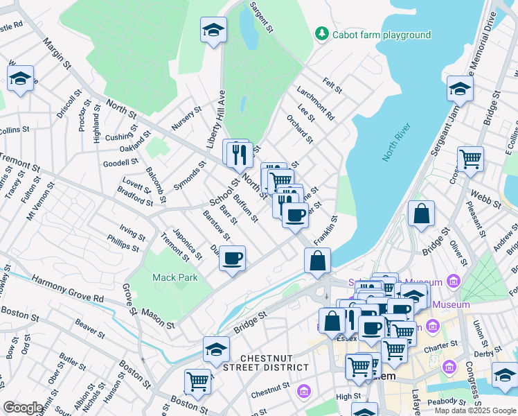 map of restaurants, bars, coffee shops, grocery stores, and more near 131 North Street in Salem