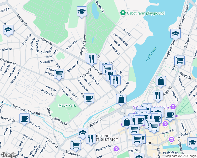 map of restaurants, bars, coffee shops, grocery stores, and more near 131 North Street in Salem