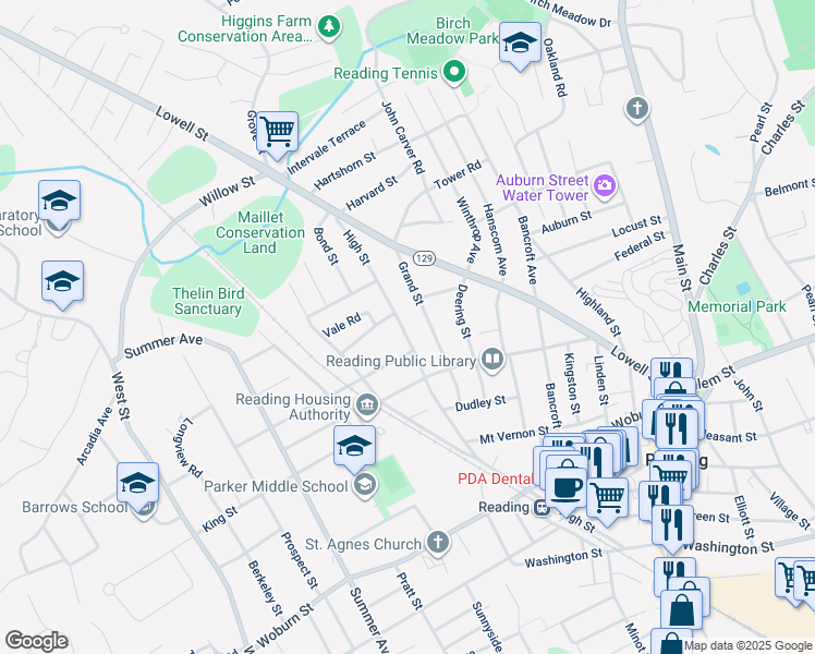 map of restaurants, bars, coffee shops, grocery stores, and more near 68 Grand Street in Reading