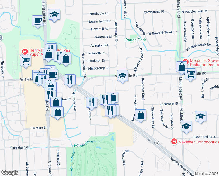 map of restaurants, bars, coffee shops, grocery stores, and more near 30515 Country Glen Condos in Farmington Hills