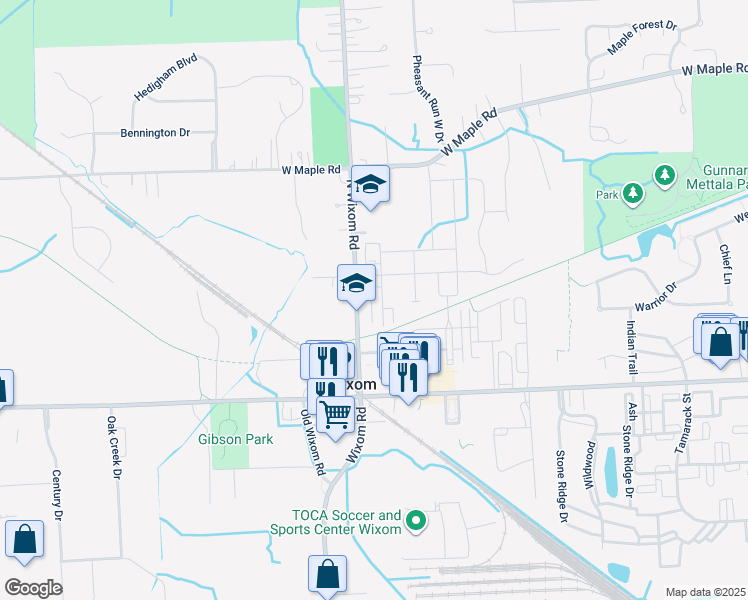 map of restaurants, bars, coffee shops, grocery stores, and more near 358 Wright Street in Wixom