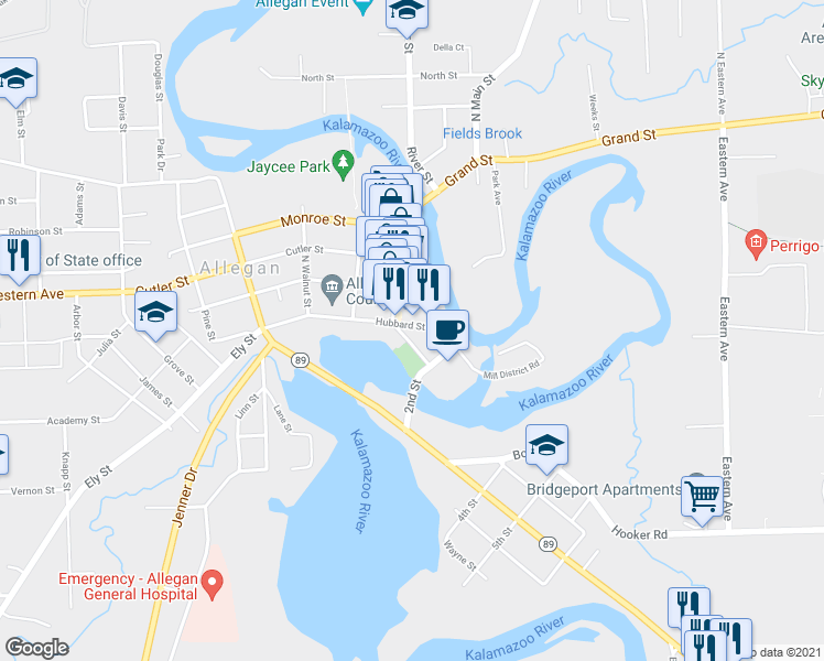 map of restaurants, bars, coffee shops, grocery stores, and more near 116 Hubbard Street in Allegan