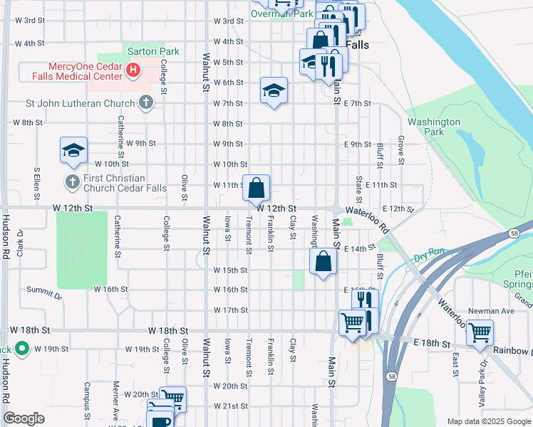 map of restaurants, bars, coffee shops, grocery stores, and more near 1116 Franklin Street in Cedar Falls