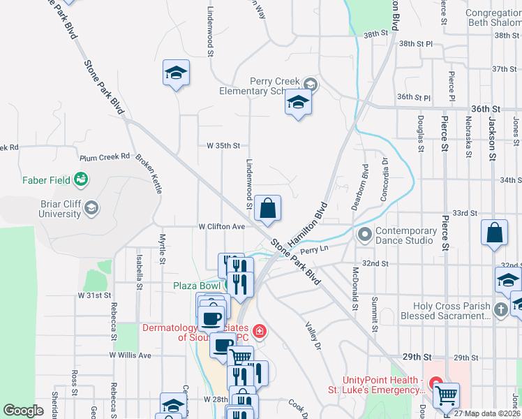 map of restaurants, bars, coffee shops, grocery stores, and more near 3304 Lindenwood Street in Sioux City