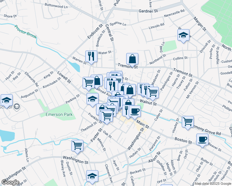 map of restaurants, bars, coffee shops, grocery stores, and more near 9 Central Street in Peabody