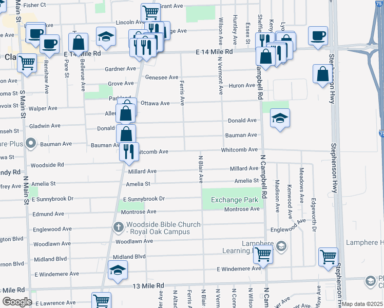 map of restaurants, bars, coffee shops, grocery stores, and more near 1125 Whitcomb Avenue in Royal Oak