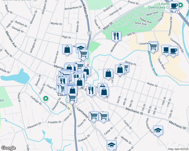 map of restaurants, bars, coffee shops, grocery stores, and more near 97 Water Street in Leominster