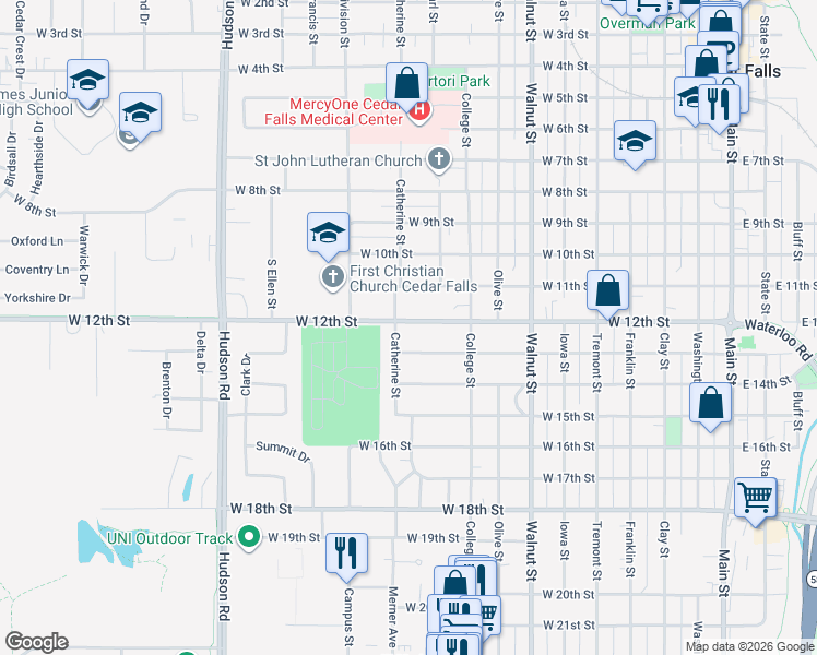 map of restaurants, bars, coffee shops, grocery stores, and more near 1035 West 12th Street in Cedar Falls