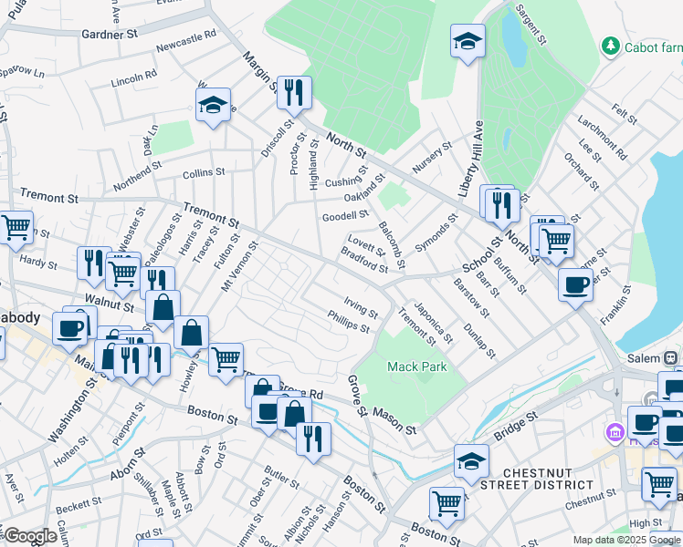 map of restaurants, bars, coffee shops, grocery stores, and more near 104 Tremont Street in Salem