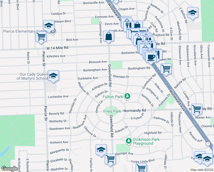 map of restaurants, bars, coffee shops, grocery stores, and more near 32385 Arlington Drive in Beverly Hills