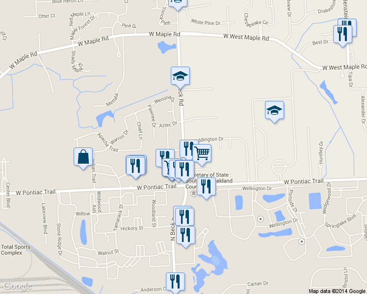 map of restaurants, bars, coffee shops, grocery stores, and more near 355 North Beck Road in Wixom