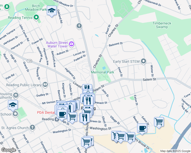 map of restaurants, bars, coffee shops, grocery stores, and more near 1 Charles Street in Reading