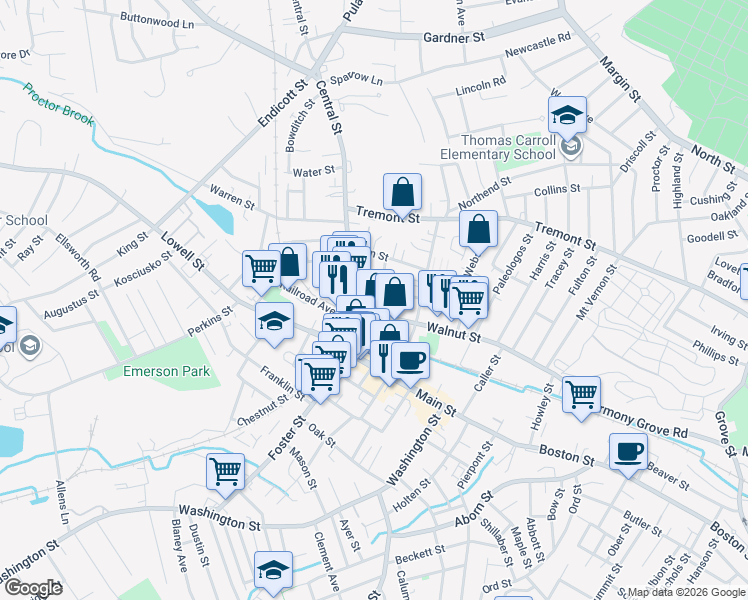 map of restaurants, bars, coffee shops, grocery stores, and more near 2 Munroe Court in Peabody