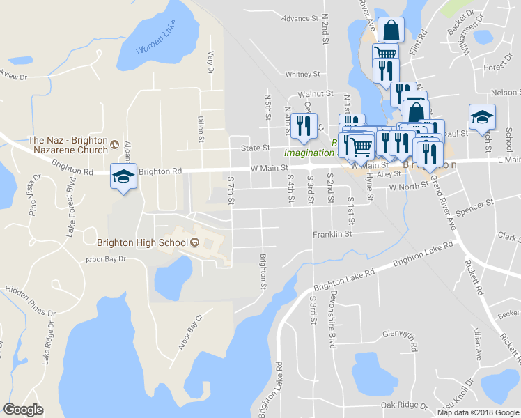 map of restaurants, bars, coffee shops, grocery stores, and more near 203 Brighton Street in Brighton