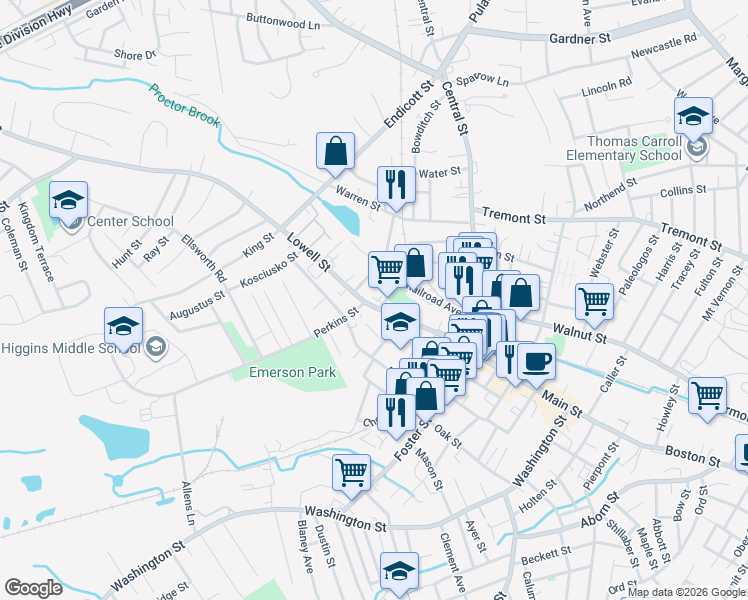 map of restaurants, bars, coffee shops, grocery stores, and more near 6 Crowninshield Street in Peabody