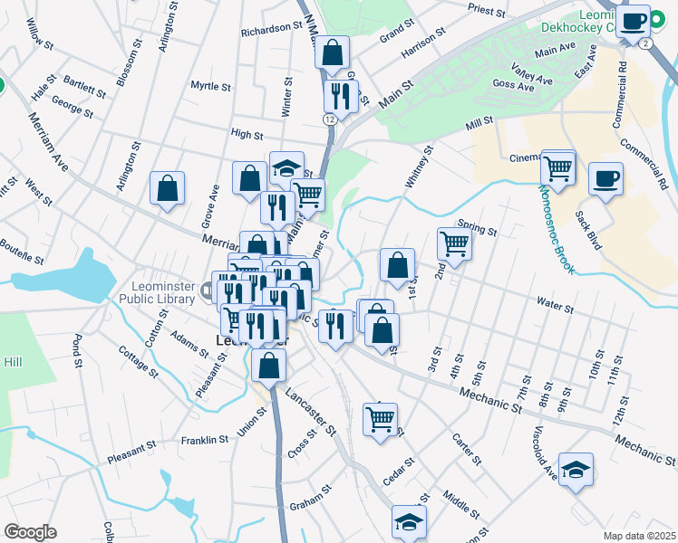 map of restaurants, bars, coffee shops, grocery stores, and more near 97 Water Street in Leominster
