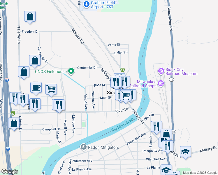 map of restaurants, bars, coffee shops, grocery stores, and more near 202 Rose Street in North Sioux City