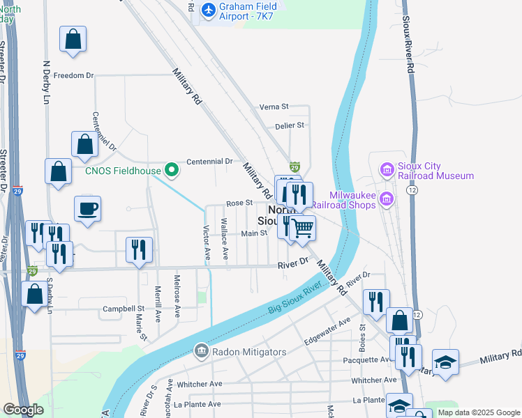 map of restaurants, bars, coffee shops, grocery stores, and more near 202 Rose Street in North Sioux City