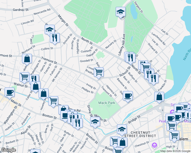 map of restaurants, bars, coffee shops, grocery stores, and more near 4 Lovett Street in Salem