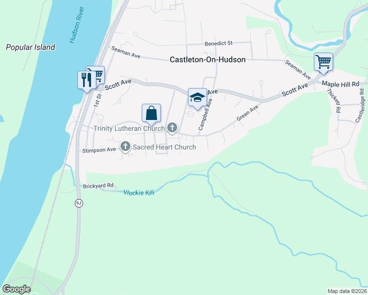 map of restaurants, bars, coffee shops, grocery stores, and more near 2 Morgan Terrace in Castleton-on-Hudson