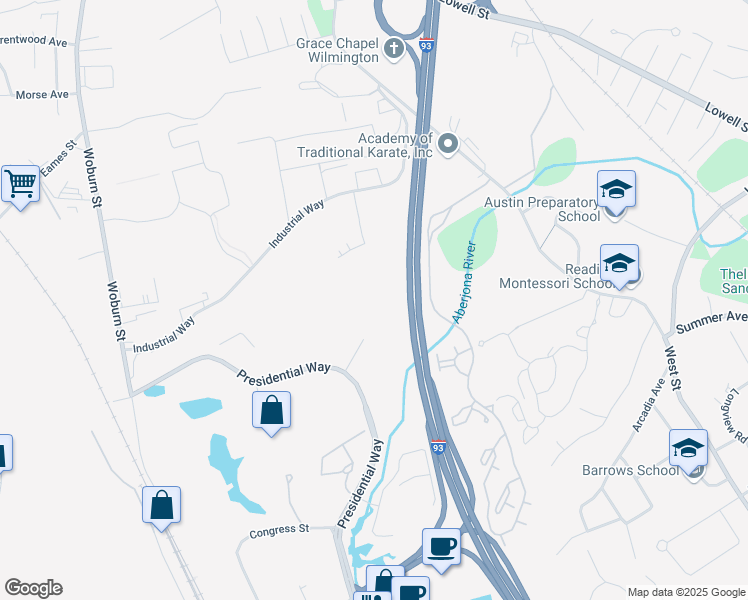 map of restaurants, bars, coffee shops, grocery stores, and more near 10 Presidential Way in Woburn