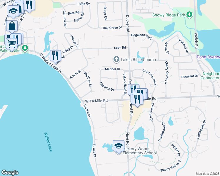 map of restaurants, bars, coffee shops, grocery stores, and more near 256 Neptune Drive in Walled Lake