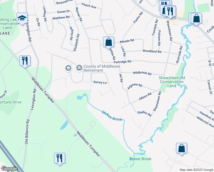 map of restaurants, bars, coffee shops, grocery stores, and more near 6 Surrey Lane in Billerica