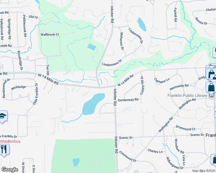 map of restaurants, bars, coffee shops, grocery stores, and more near 27550 West 14 Mile Road in Franklin