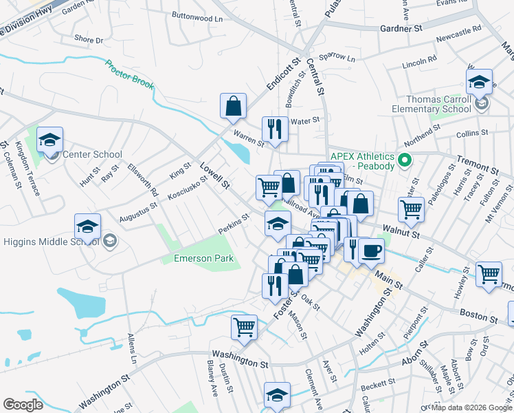 map of restaurants, bars, coffee shops, grocery stores, and more near 6 Crowninshield Street in Peabody