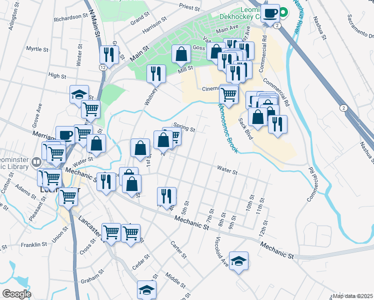 map of restaurants, bars, coffee shops, grocery stores, and more near 48 3rd Street in Leominster