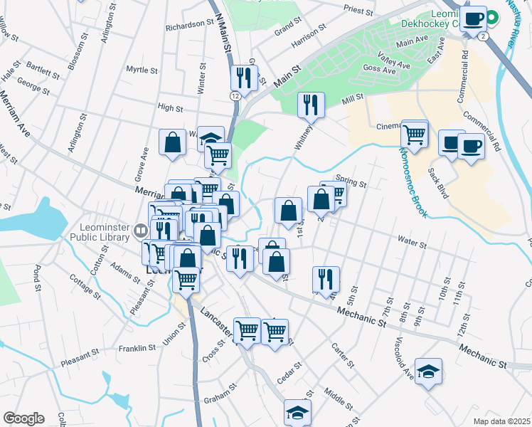 map of restaurants, bars, coffee shops, grocery stores, and more near 128 Water Street in Leominster