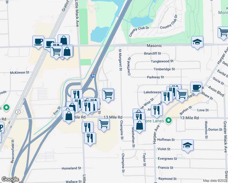 map of restaurants, bars, coffee shops, grocery stores, and more near 20951 Flora Street in Roseville