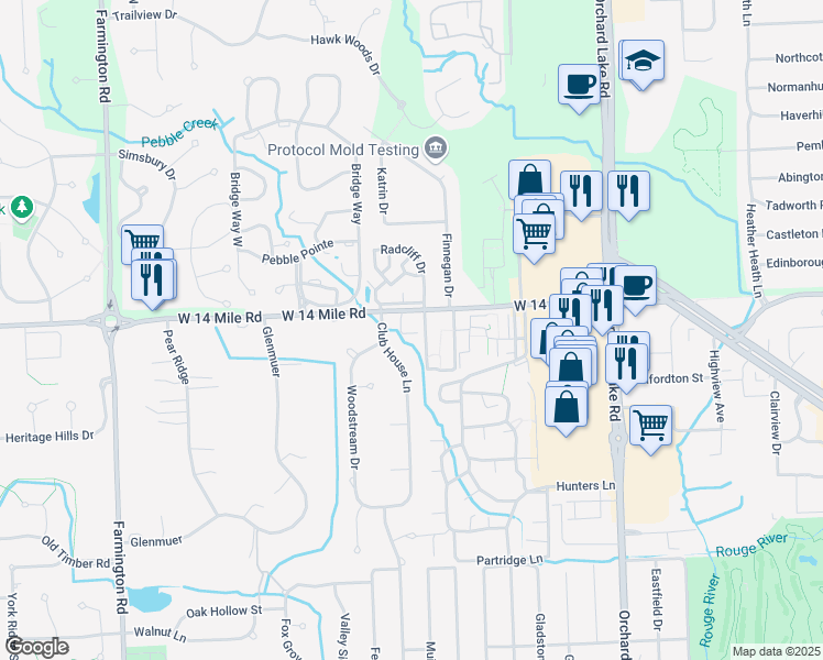 map of restaurants, bars, coffee shops, grocery stores, and more near 31080 Club House Lane in Farmington Hills