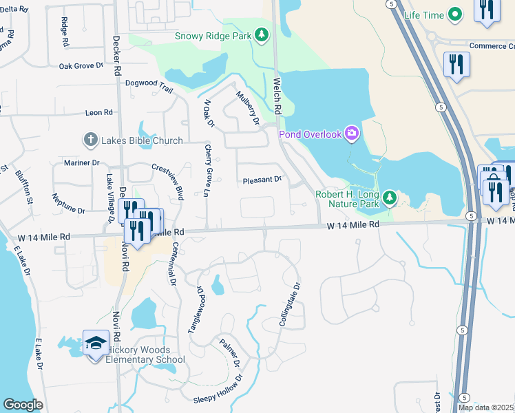 map of restaurants, bars, coffee shops, grocery stores, and more near 237 Winslow Circle in Commerce Charter Township