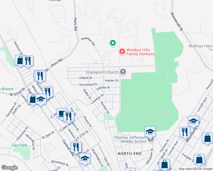 map of restaurants, bars, coffee shops, grocery stores, and more near 816 Harlan Street in Dubuque