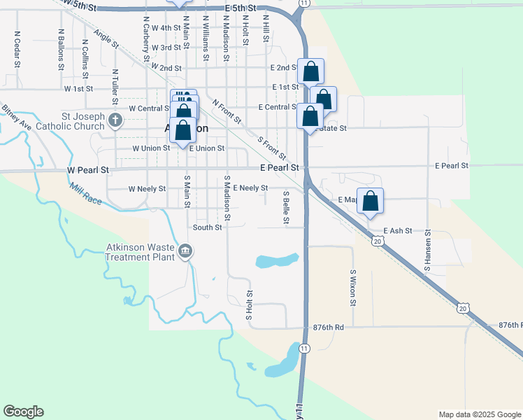 map of restaurants, bars, coffee shops, grocery stores, and more near 401-599 South Hill Street in Atkinson