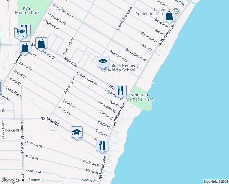 map of restaurants, bars, coffee shops, grocery stores, and more near 23304 Masonic in St. Clair Shores