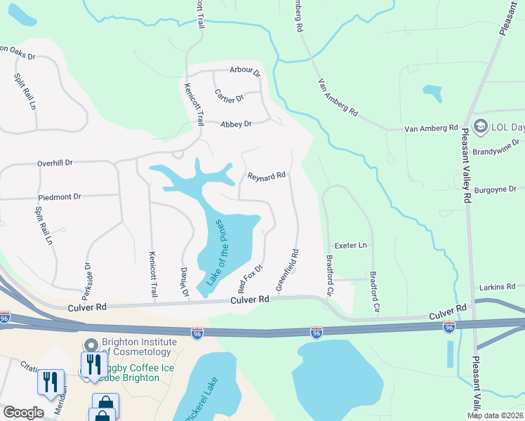 map of restaurants, bars, coffee shops, grocery stores, and more near 5264 Red Fox Drive in Brighton