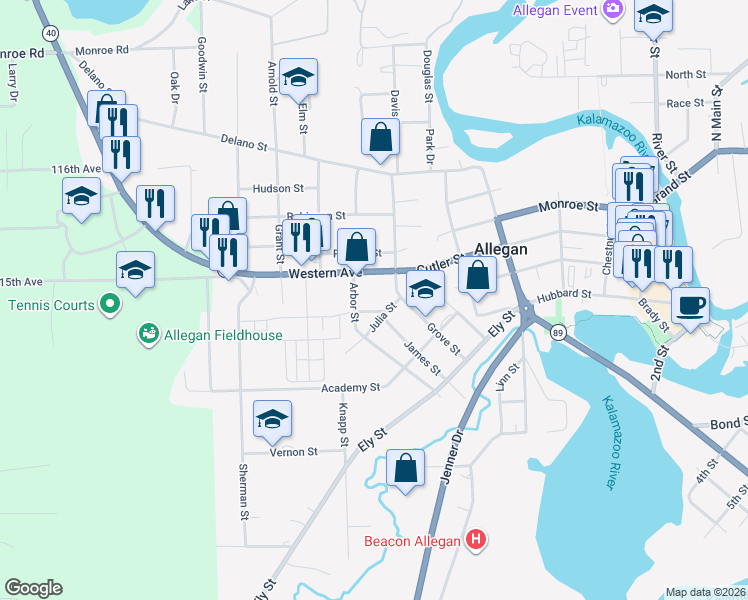 map of restaurants, bars, coffee shops, grocery stores, and more near 231 Western Avenue in Allegan