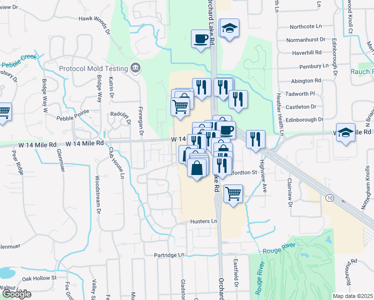 map of restaurants, bars, coffee shops, grocery stores, and more near 31555 Kingswood Lane in Farmington Hills