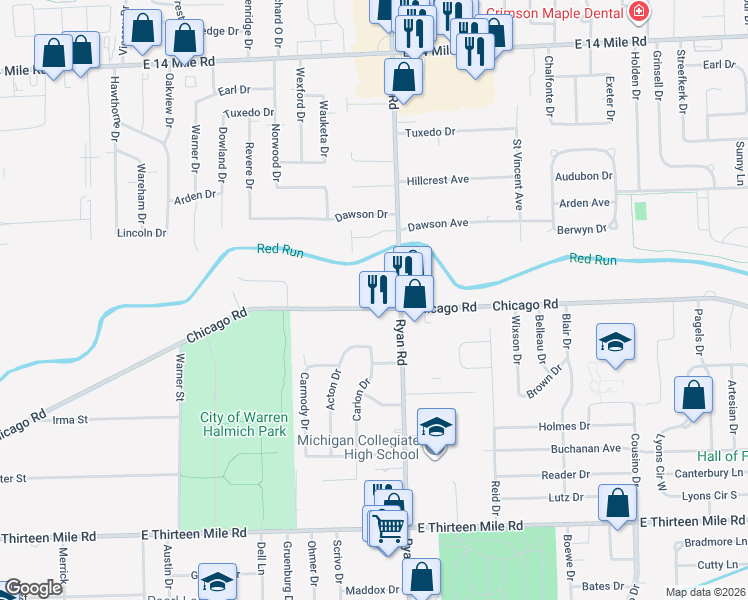 map of restaurants, bars, coffee shops, grocery stores, and more near 3641 Chicago Road in Warren