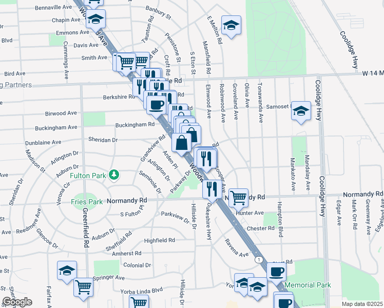 map of restaurants, bars, coffee shops, grocery stores, and more near 4319 Cooper Avenue in Royal Oak